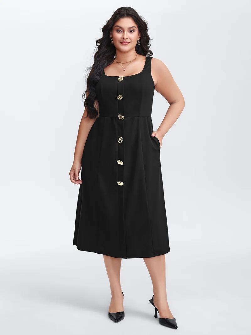 Metal Buttons Side Pockets Midi Dress