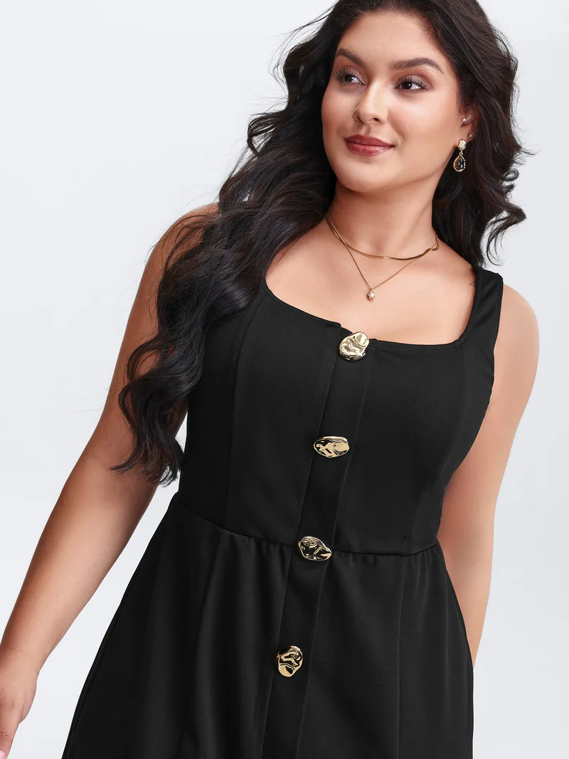 Metal Buttons Side Pockets Midi Dress
