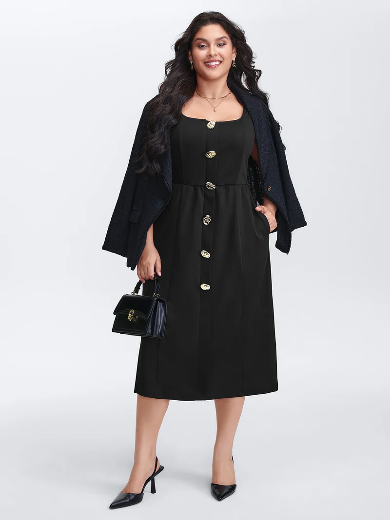 Metal Buttons Side Pockets Midi Dress