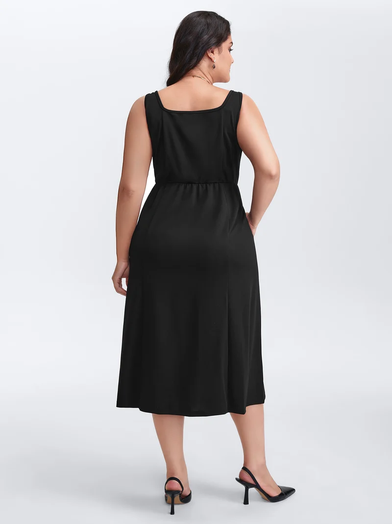 Metal Buttons Side Pockets Midi Dress
