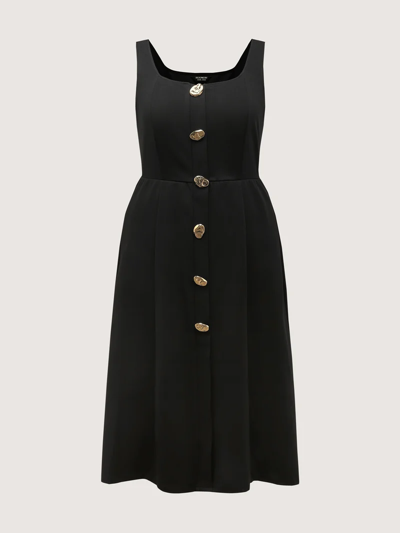 Metal Buttons Side Pockets Midi Dress