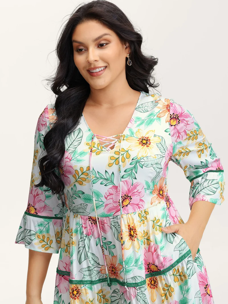 Floral Print Neck-Tie Tiered Knee Dress