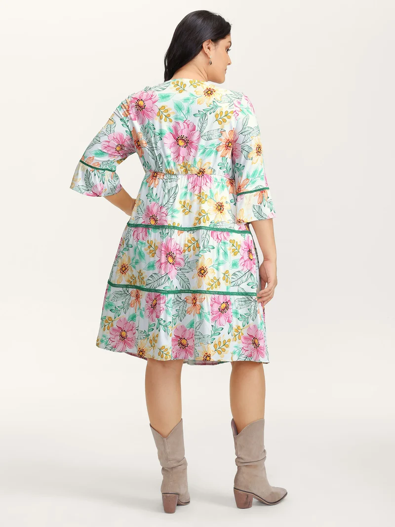 Floral Print Neck-Tie Tiered Knee Dress