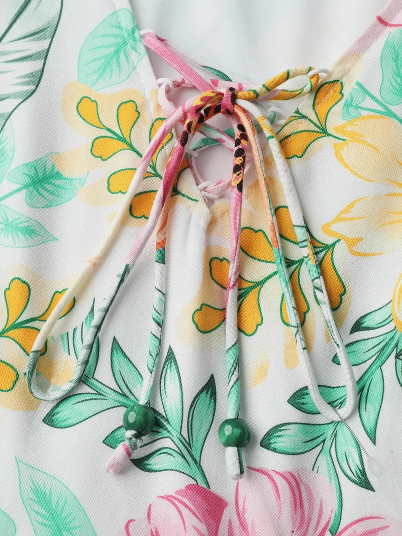 Floral Print Neck-Tie Tiered Knee Dress