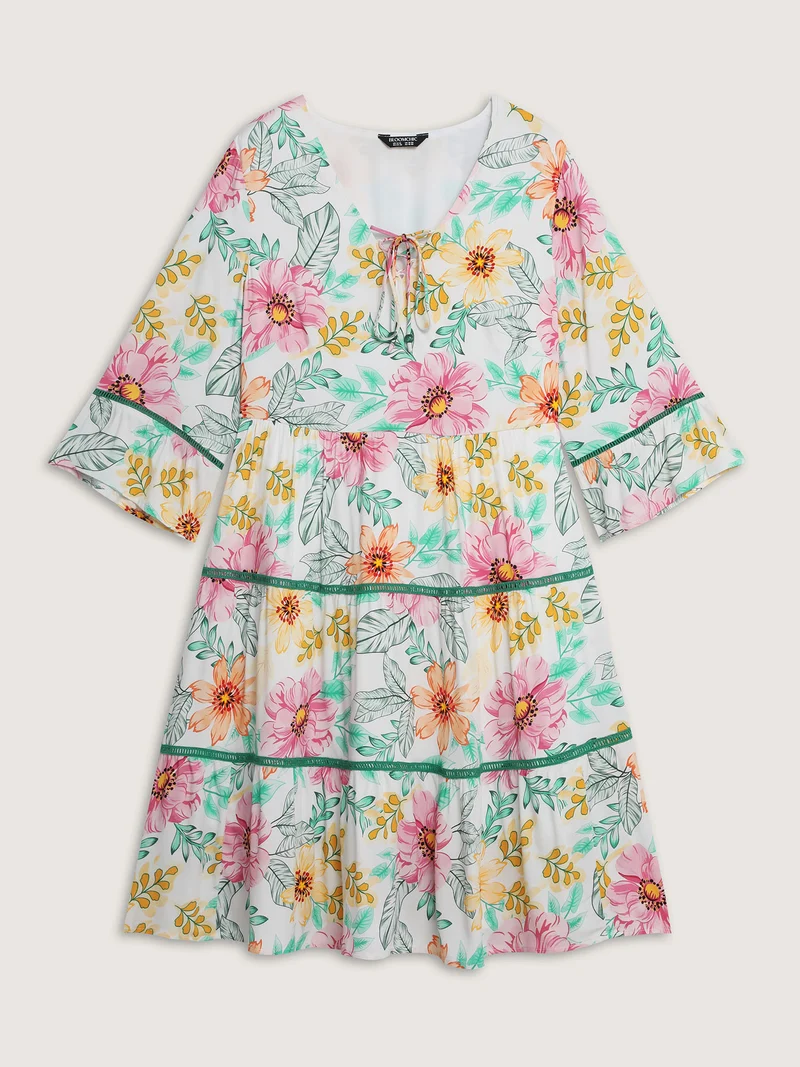 Floral Print Neck-Tie Tiered Knee Dress