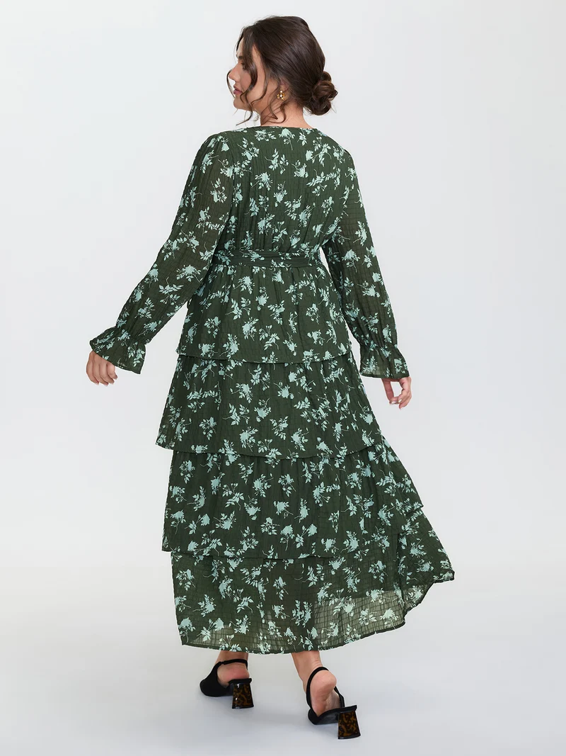 Silhouette Flower Tiered Belted Maxi Dress