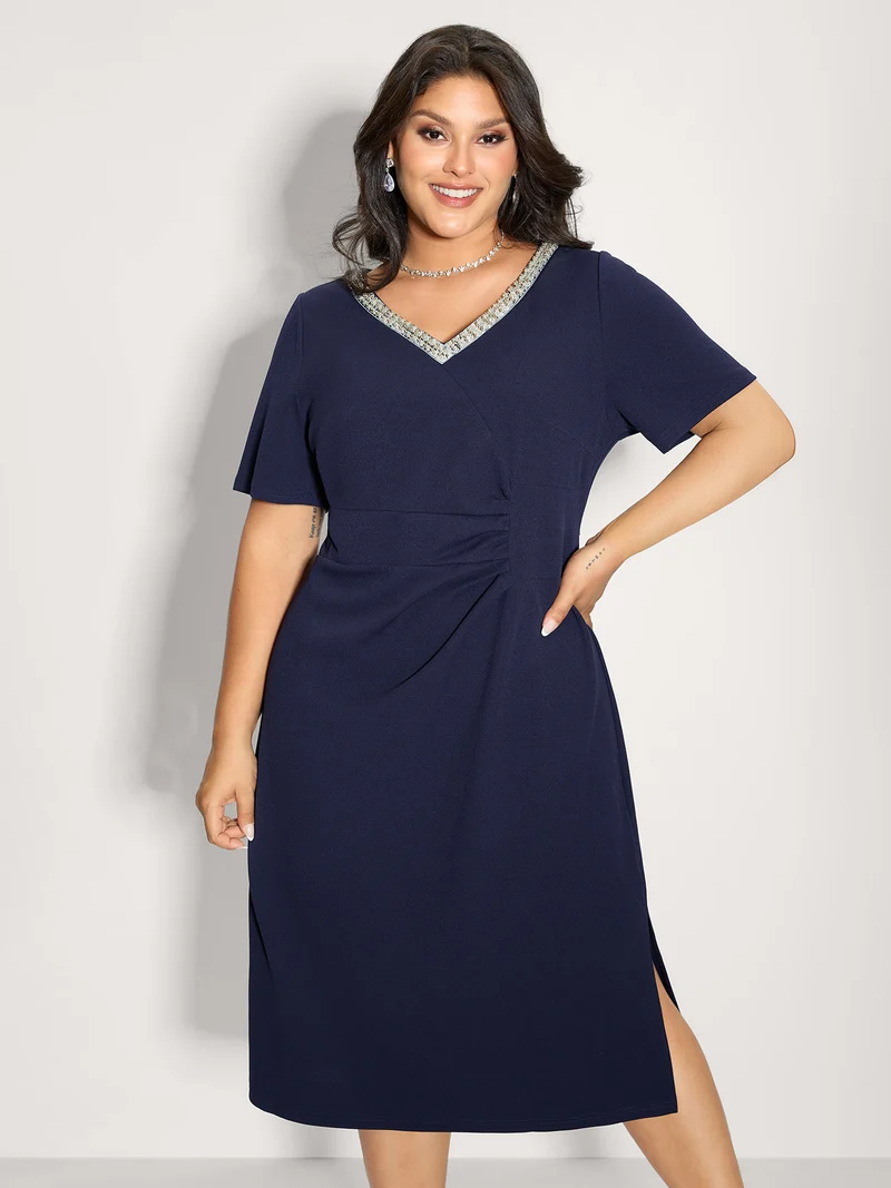 Pleated Tummy-Friendly Metal Detail Midi Dress