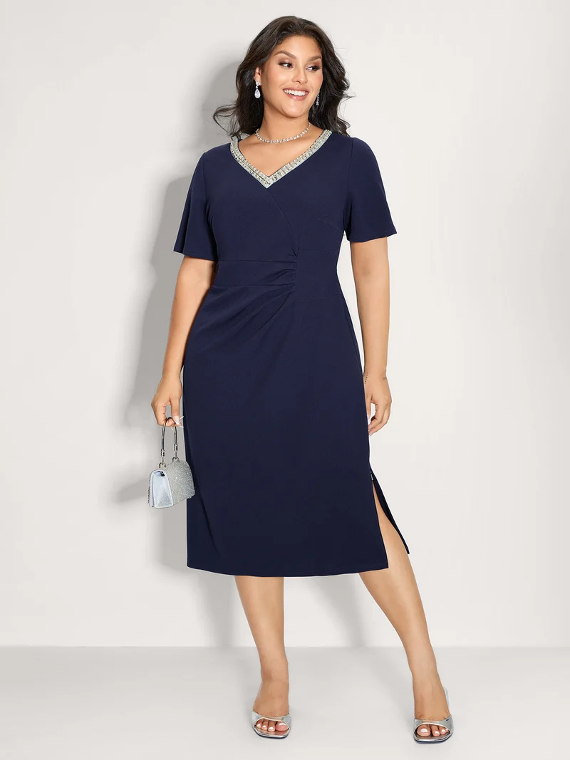 Pleated Tummy-Friendly Metal Detail Midi Dress