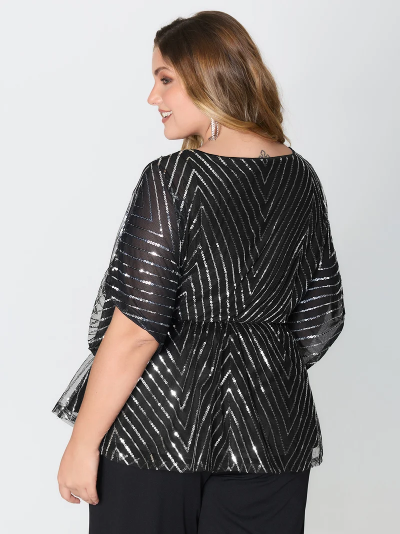 Zigzag Sequin Stretchy Waist Blouse