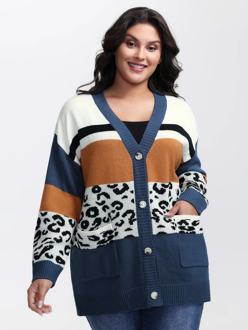 Stripe Color Block Leopard Knit Cardigan