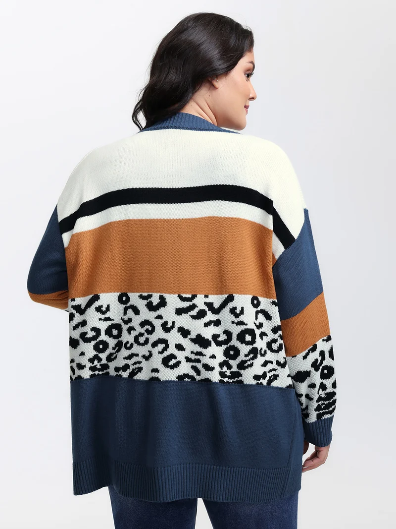 Stripe Color Block Leopard Knit Cardigan