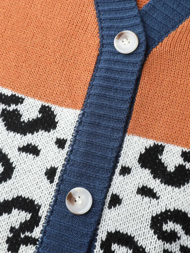 Stripe Color Block Leopard Knit Cardigan