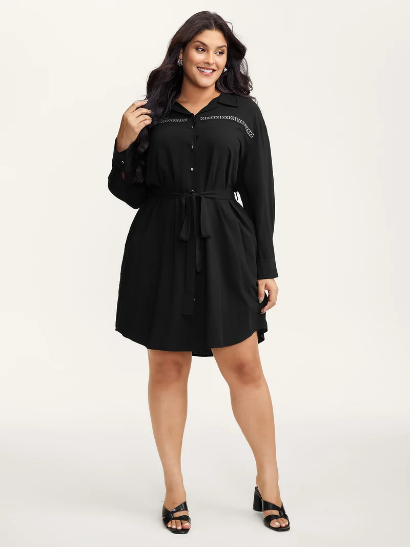 Pleated Belted Waist Midi Shirt Dress