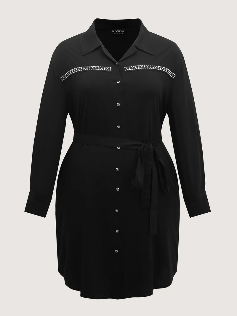 Pleated Belted Waist Midi Shirt Dress
