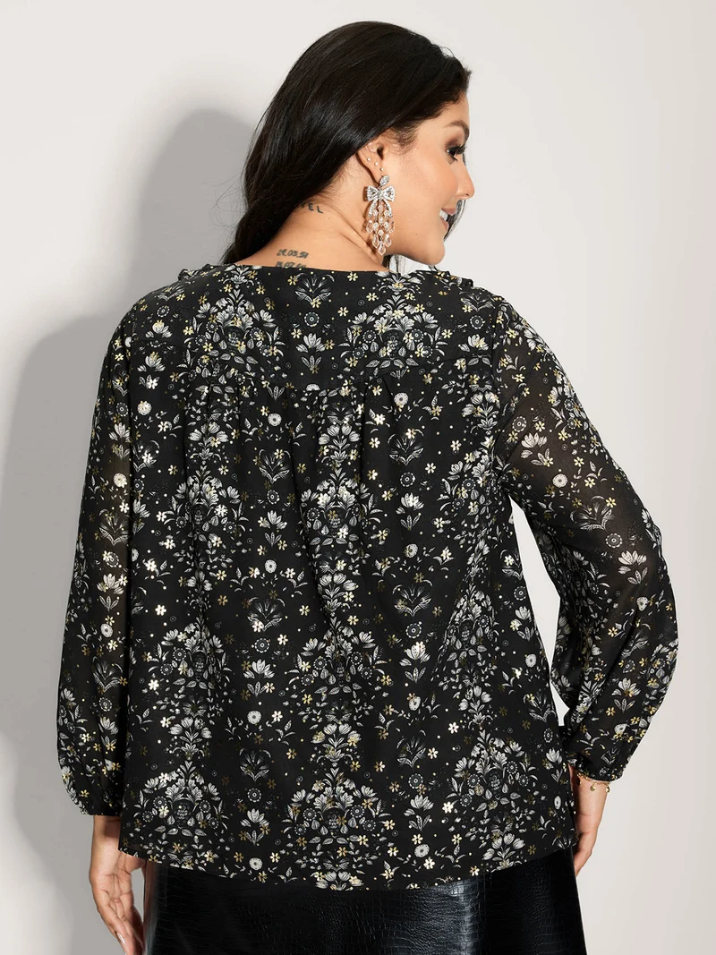 Floral Sequin Ruffled Edge Blouse
