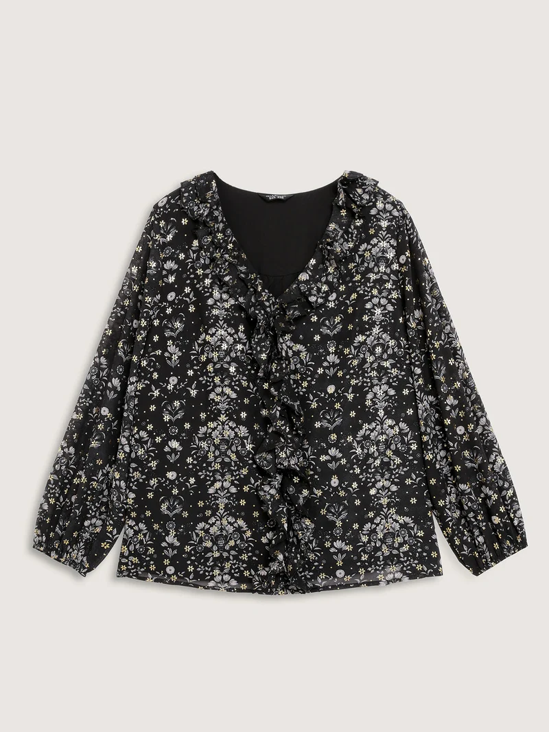 Floral Sequin Ruffled Edge Blouse