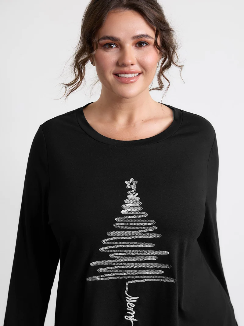 Sequin Cord Embroidered Tree Round Neck T-Shirt