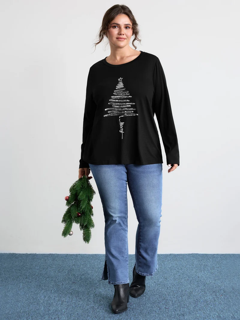 Sequin Cord Embroidered Tree Round Neck T-Shirt