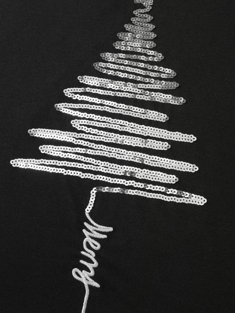 Sequin Cord Embroidered Tree Round Neck T-Shirt