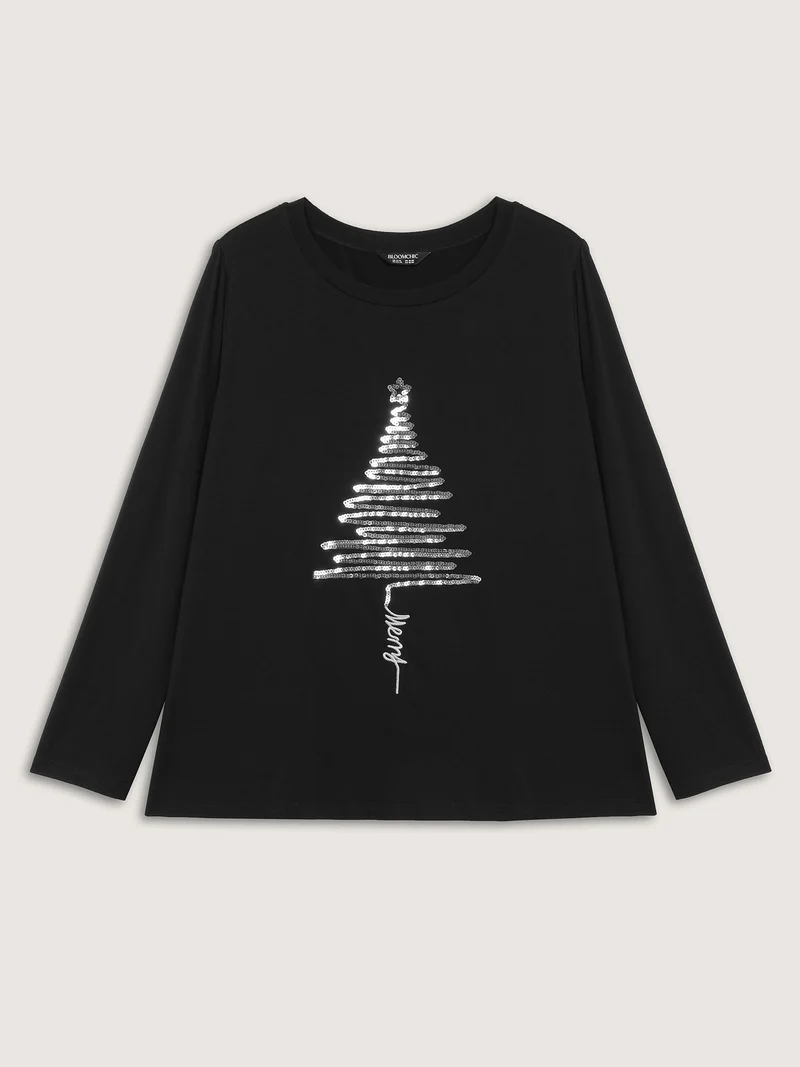 Sequin Cord Embroidered Tree Round Neck T-Shirt