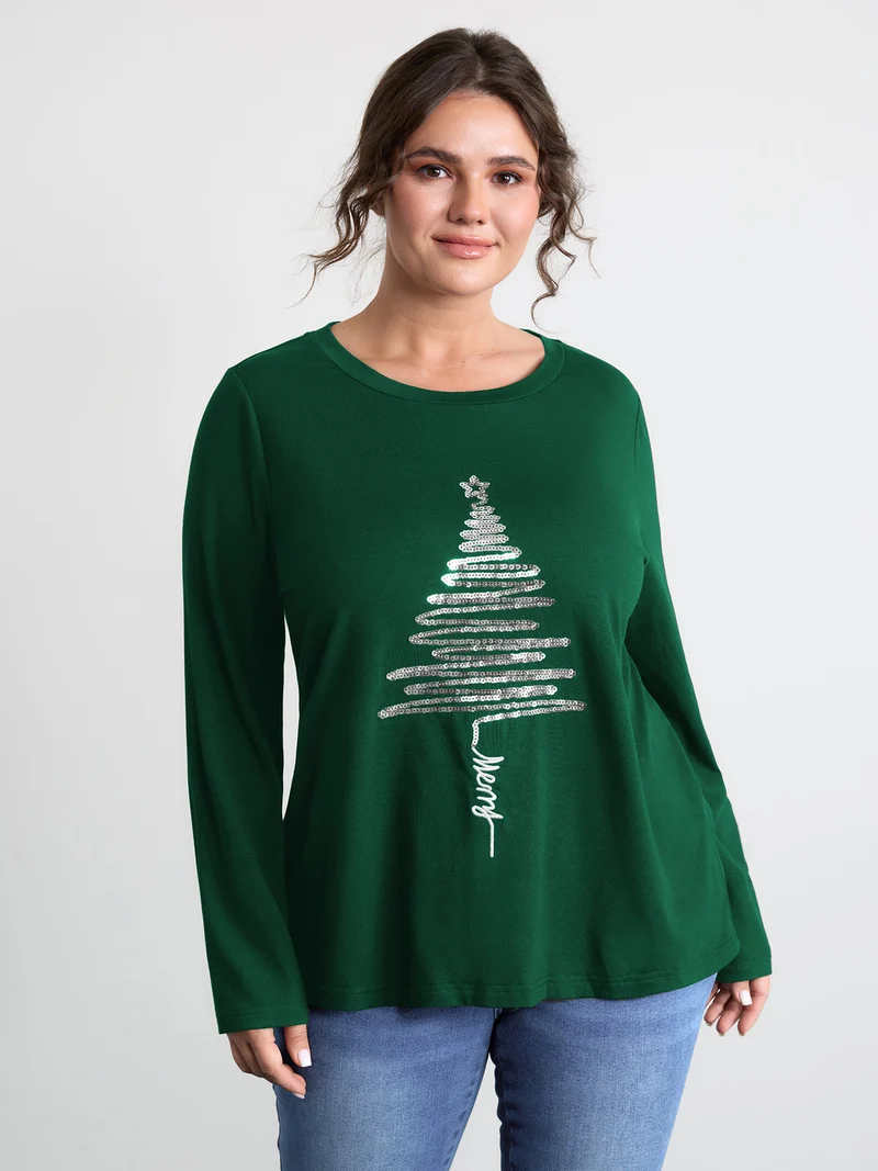 Sequin Cord Embroidered Tree Round Neck T-Shirt
