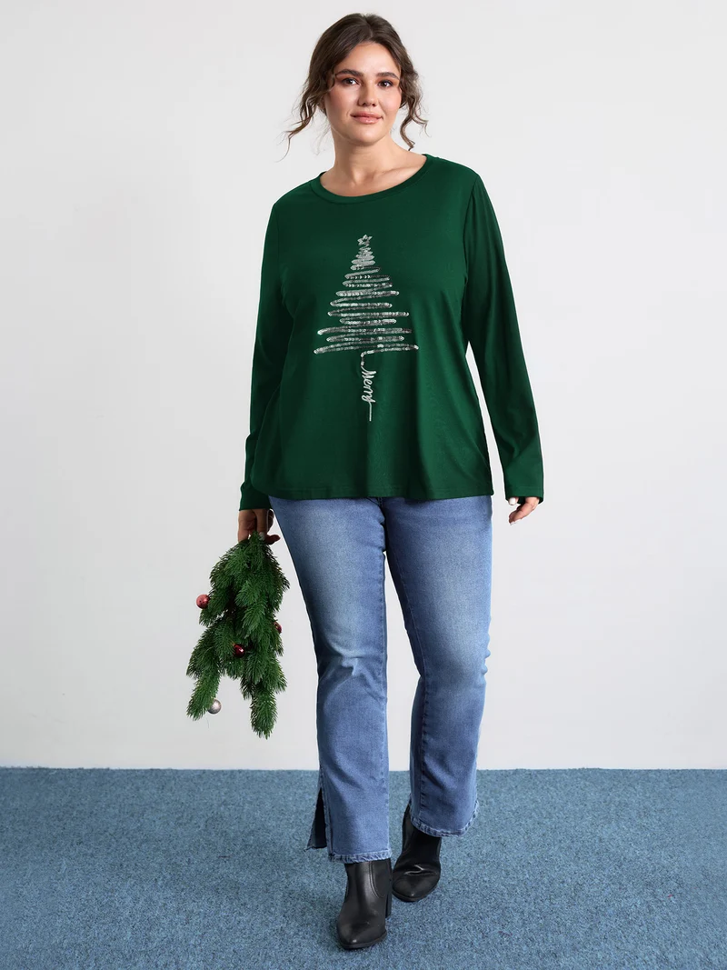 Sequin Cord Embroidered Tree Round Neck T-Shirt