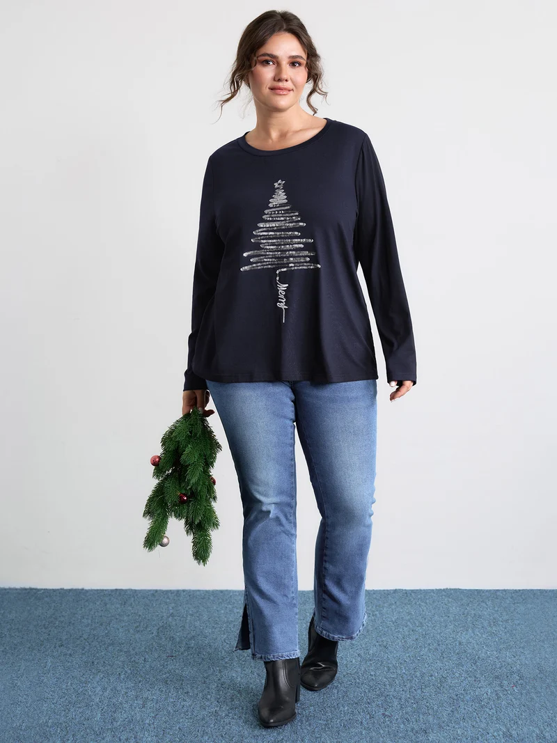 Sequin Cord Embroidered Tree Round Neck T-Shirt
