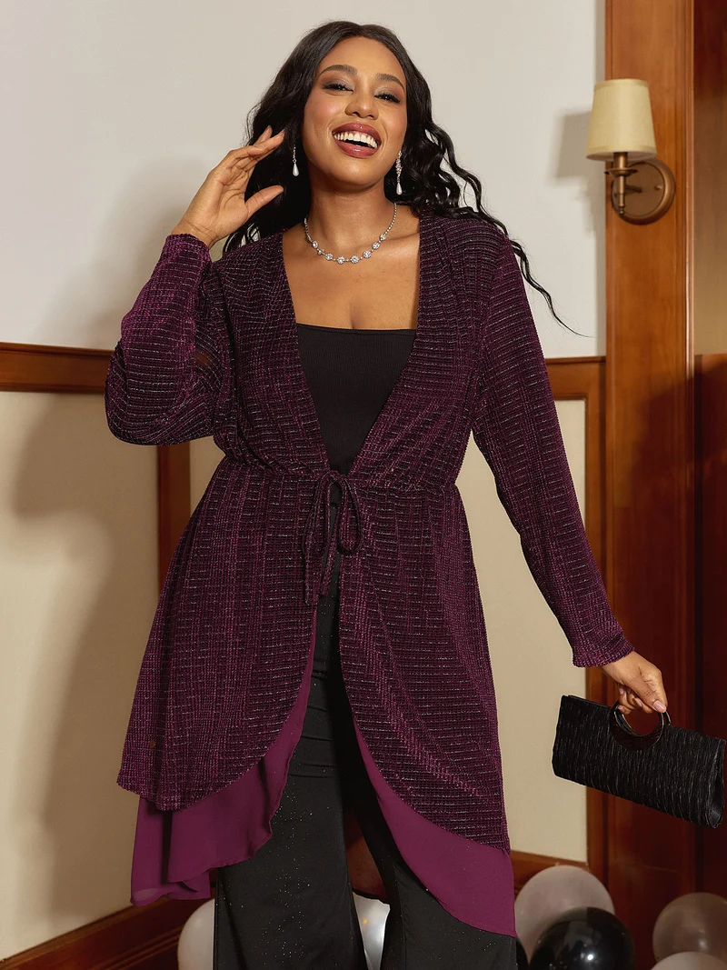 Textured Velvet Spliced Front-Tie Jacket