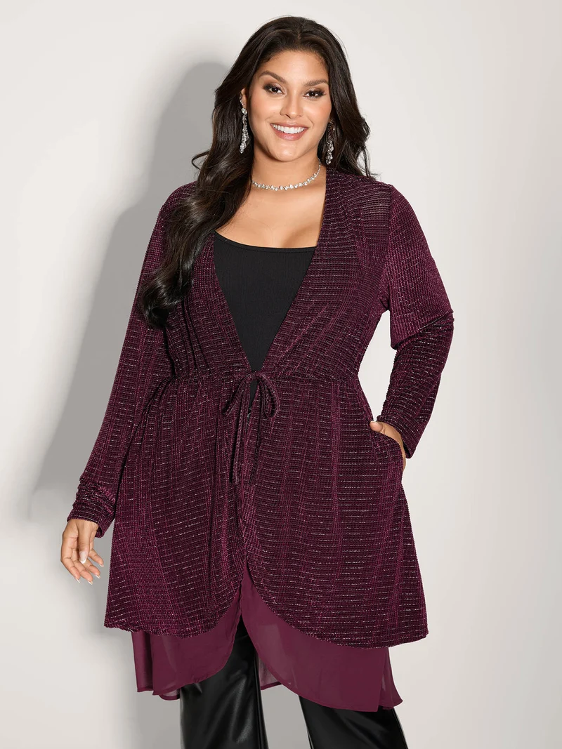 Textured Velvet Spliced Front-Tie Jacket