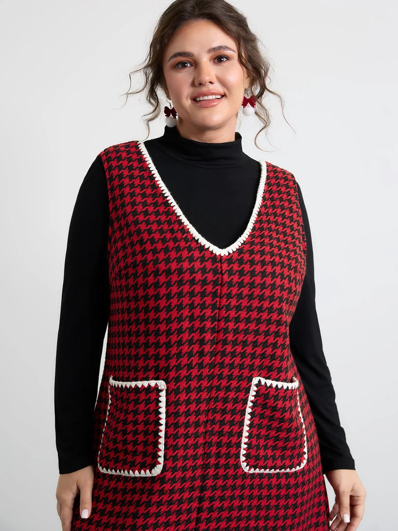 Houndstooth Embroidery Patch Pockets Dress