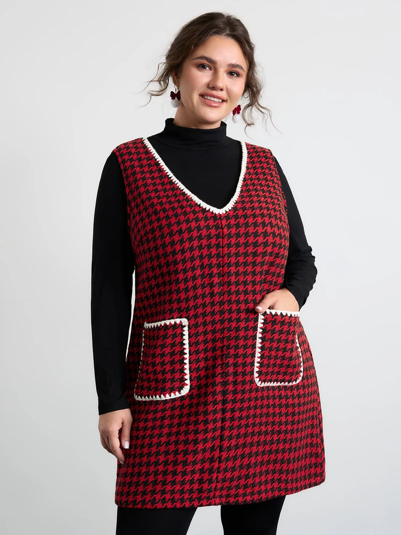 Houndstooth Embroidery Patch Pockets Dress