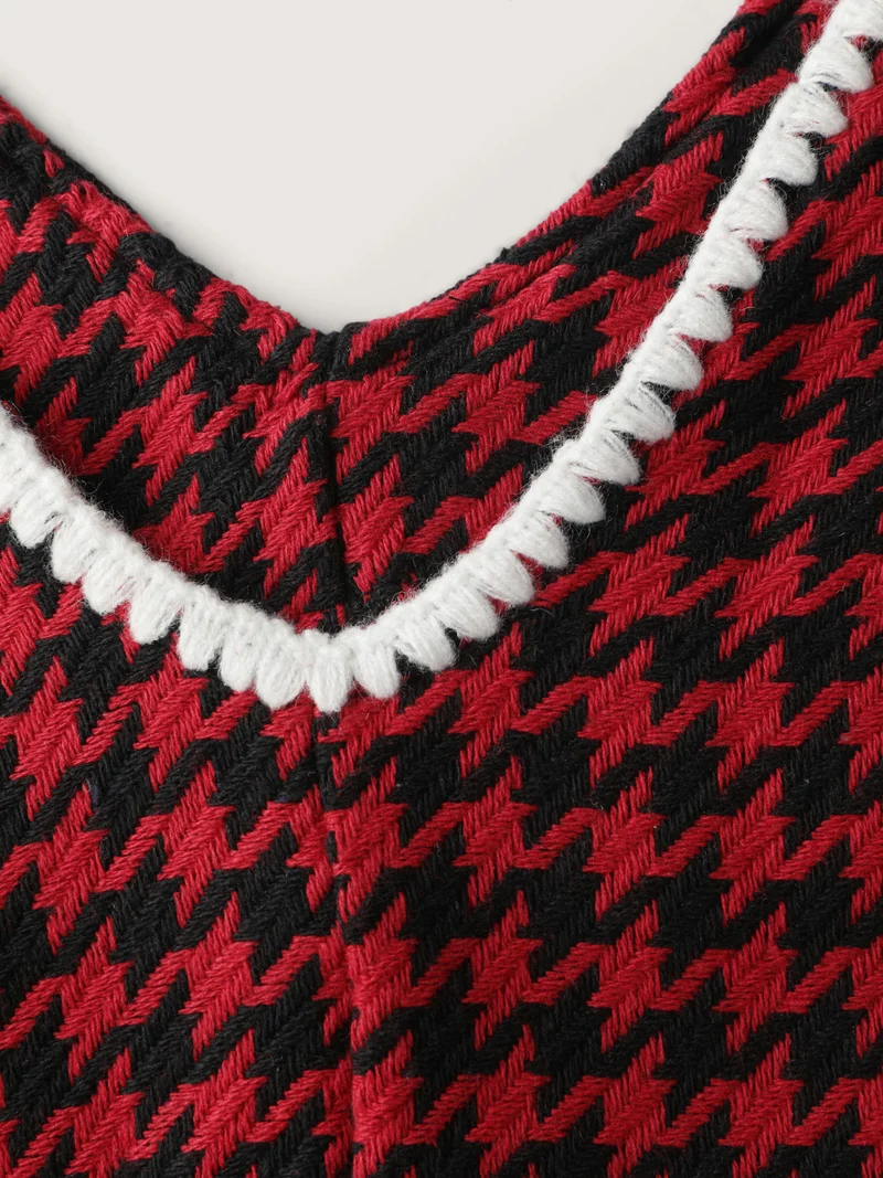 Houndstooth Embroidery Patch Pockets Dress