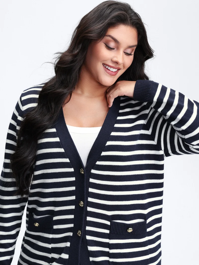 Wool-Blend Stripe Button Pockets Knit Cardigan
