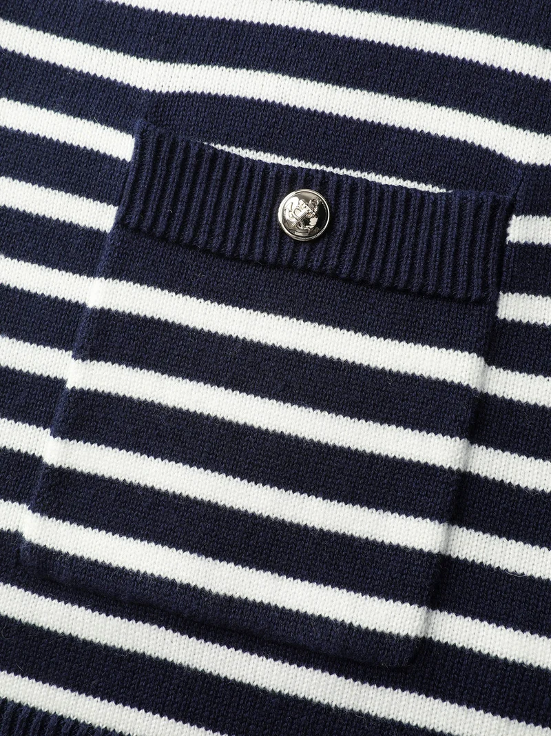 Wool-Blend Stripe Button Pockets Knit Cardigan