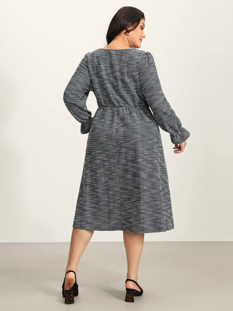 Tweed Knit Pearl Button Stretchy Midi Dress