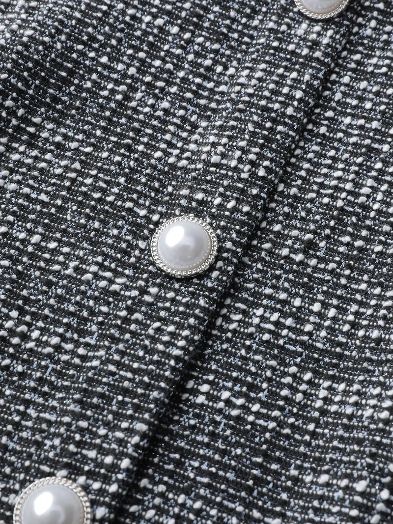 Tweed Knit Pearl Button Stretchy Midi Dress