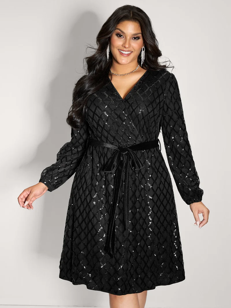 Sheer Sequin Belted Stretchy Waist Midi Dress