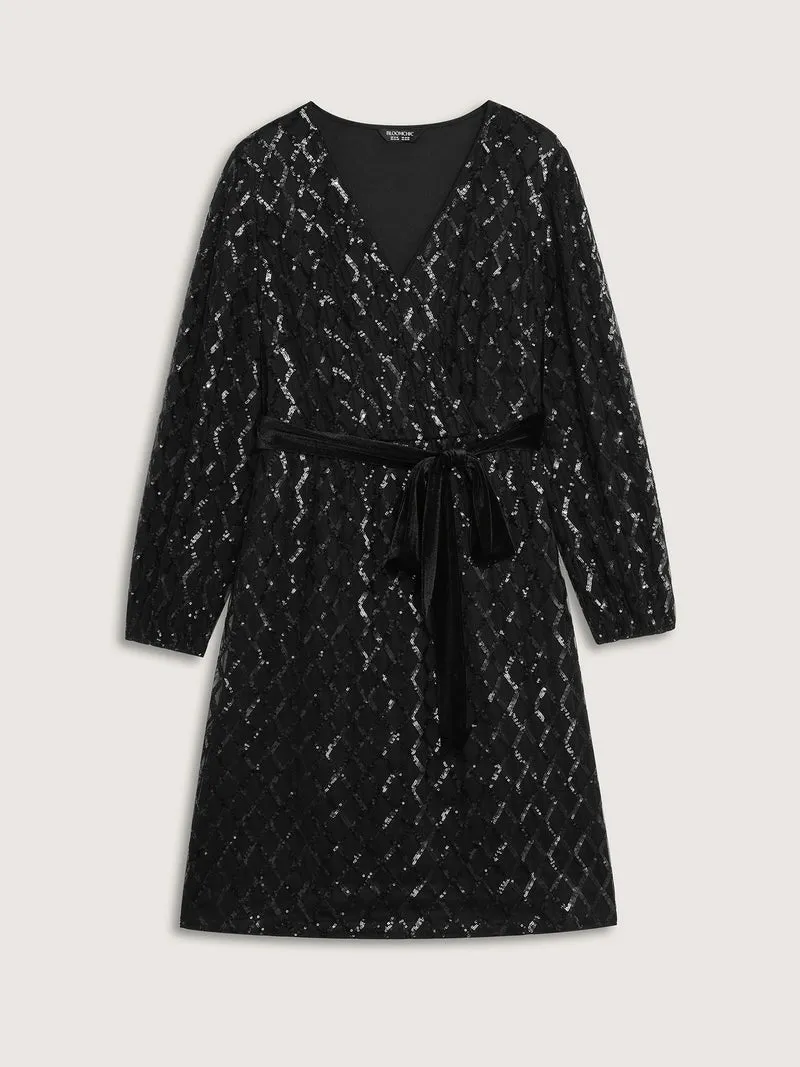 Sheer Sequin Belted Stretchy Waist Midi Dress