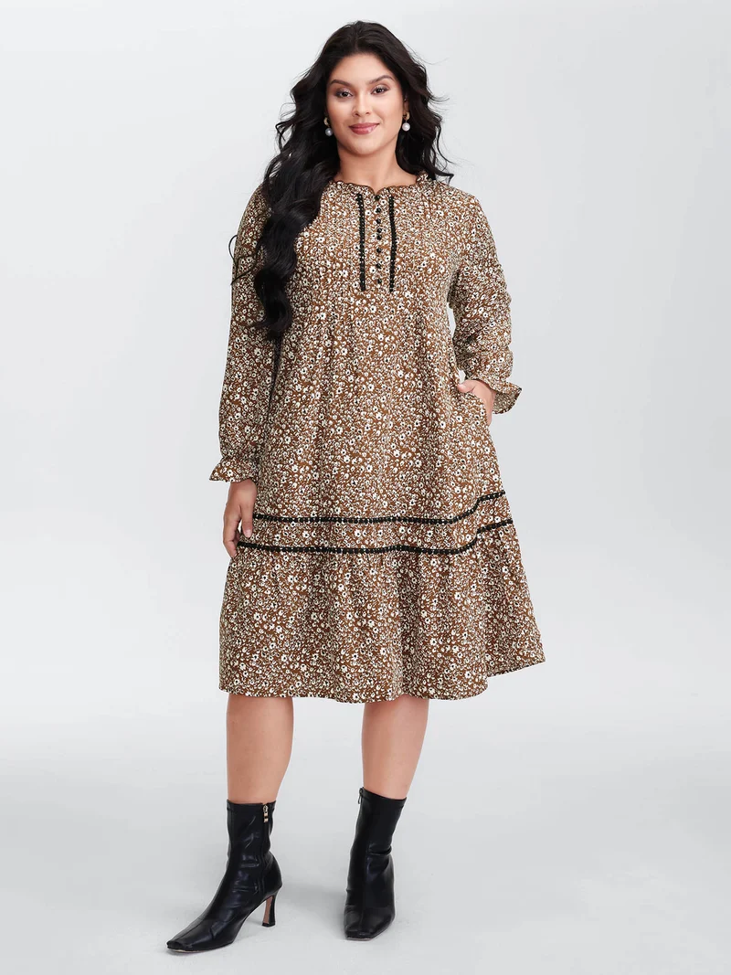 Toothpick Pleat Contrast Placket Midi Dress