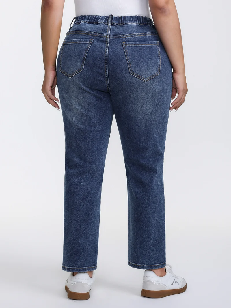 Stretchy Vintage Wash Roll Hem Jeans