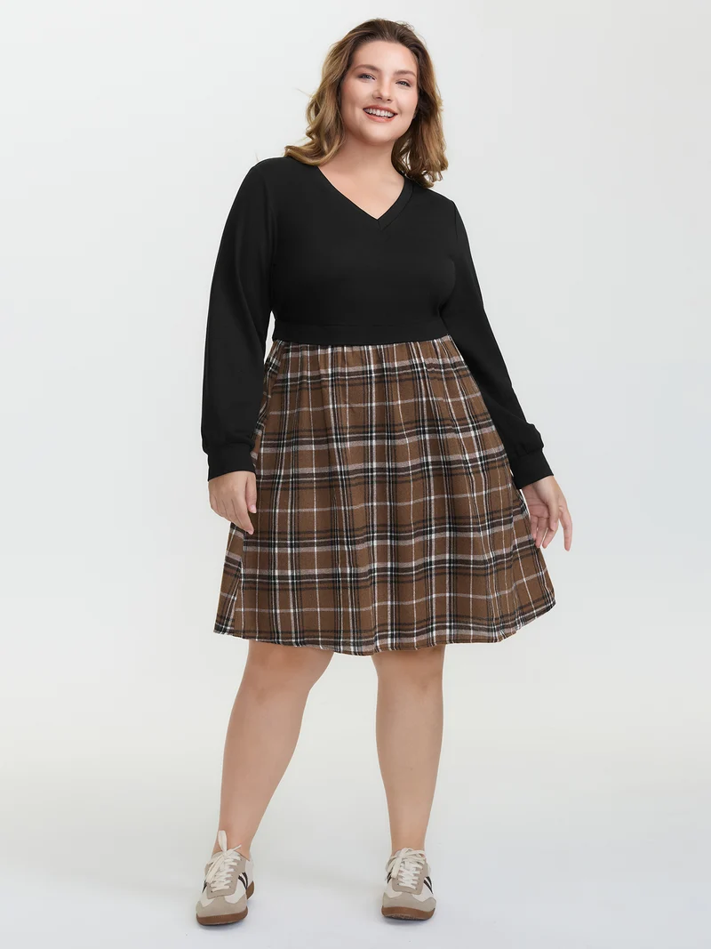 Plaid Color Contrast Stretchy Knee-Length Dress