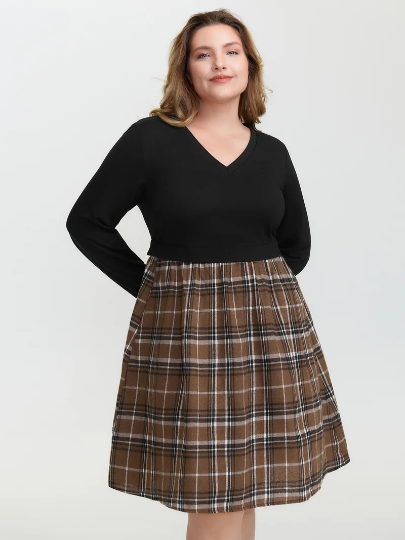 Plaid Color Contrast Stretchy Knee-Length Dress