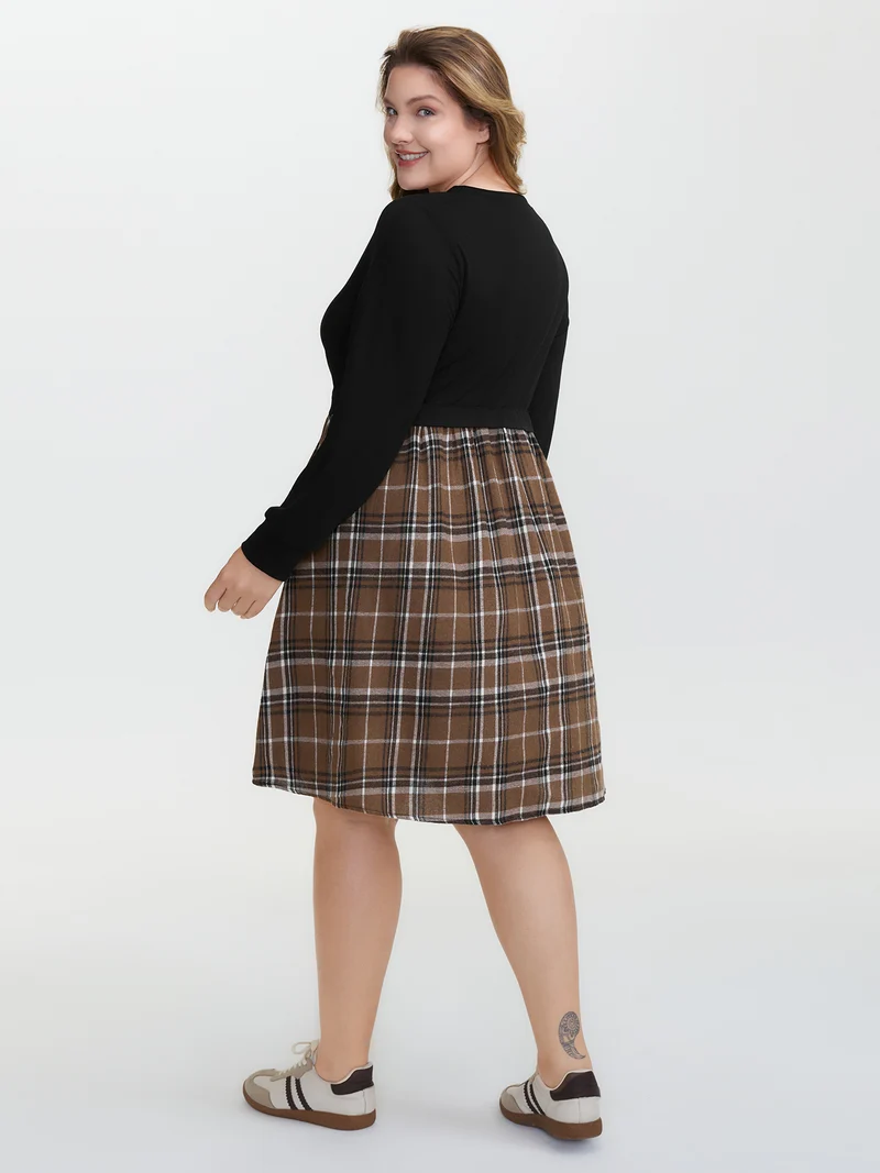 Plaid Color Contrast Stretchy Knee-Length Dress