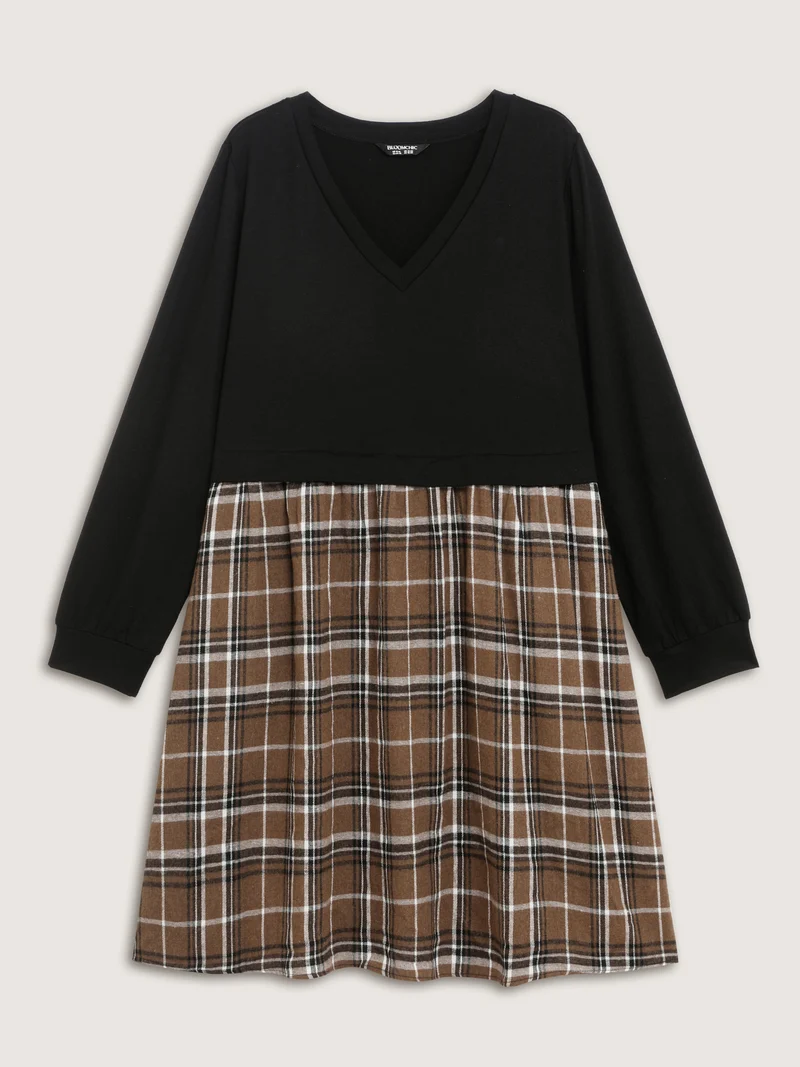 Plaid Color Contrast Stretchy Knee-Length Dress