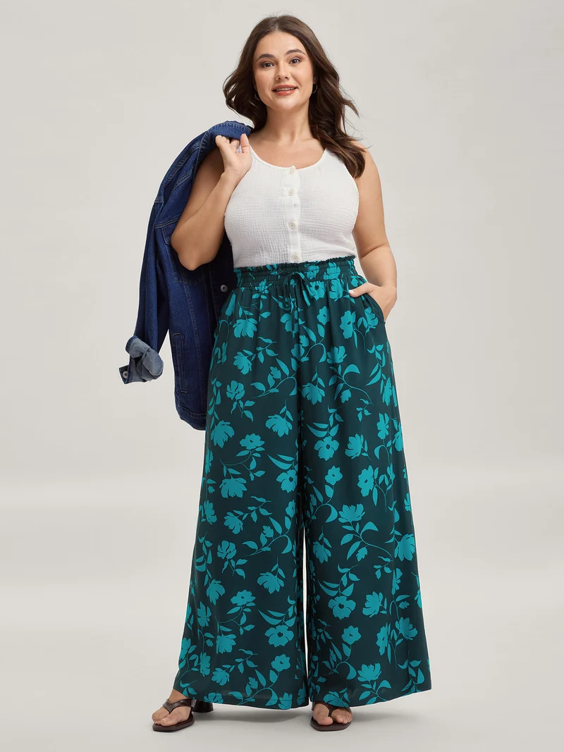 Silhouette Floral Print Drawstring Wide-Leg Pants