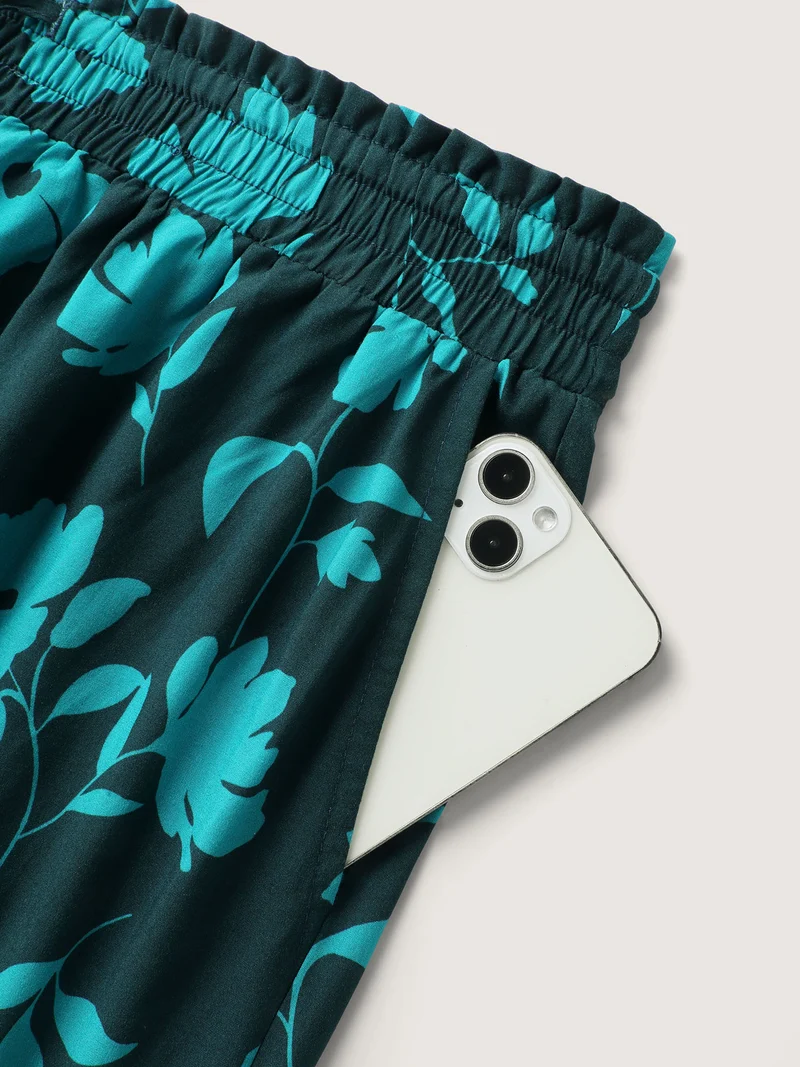 Silhouette Floral Print Drawstring Wide-Leg Pants