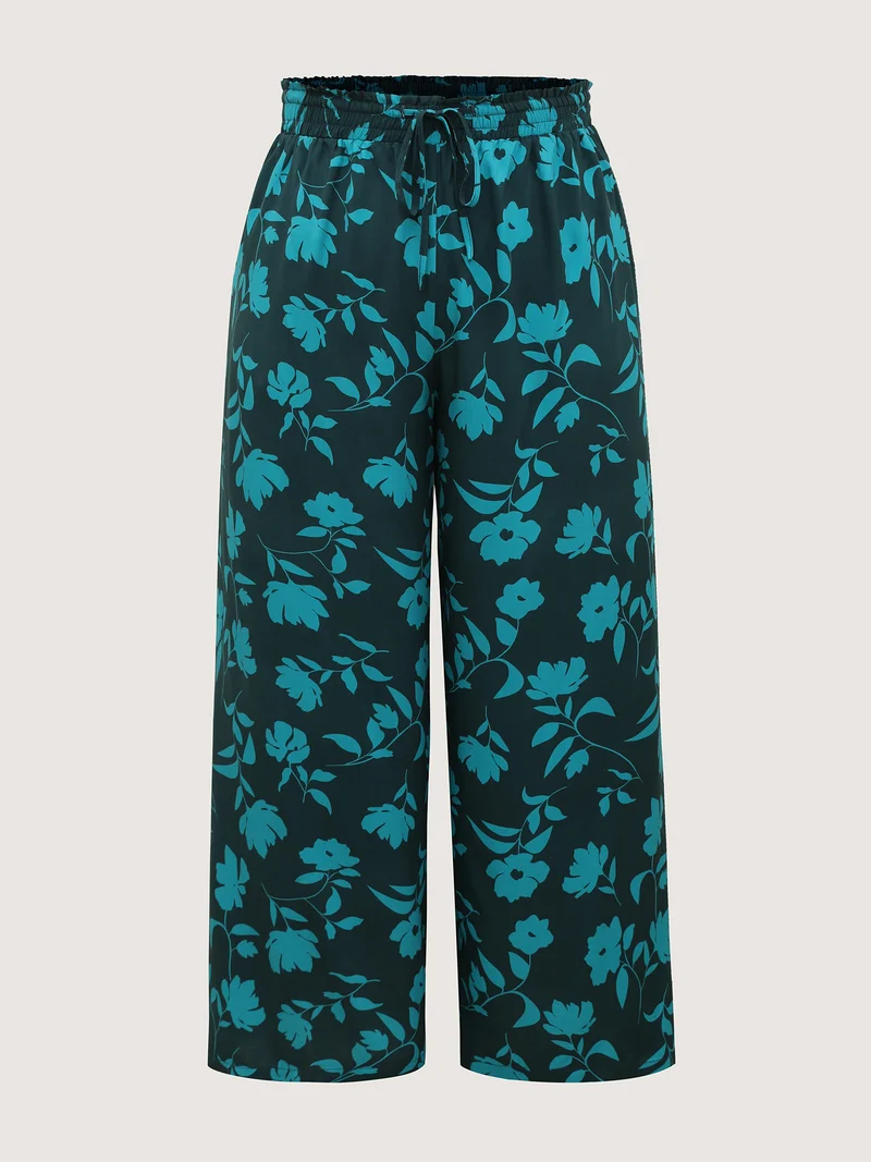Silhouette Floral Print Drawstring Wide-Leg Pants