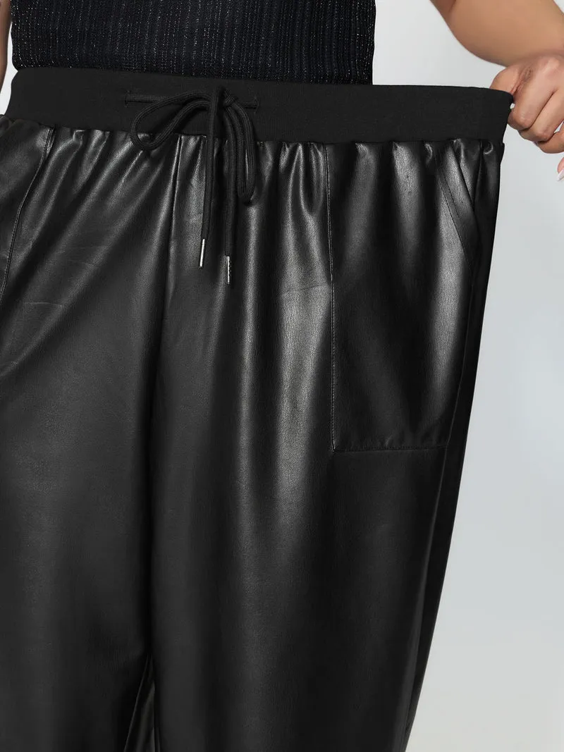 Ribbed Trim Spliced Leather Drawstring Pants
