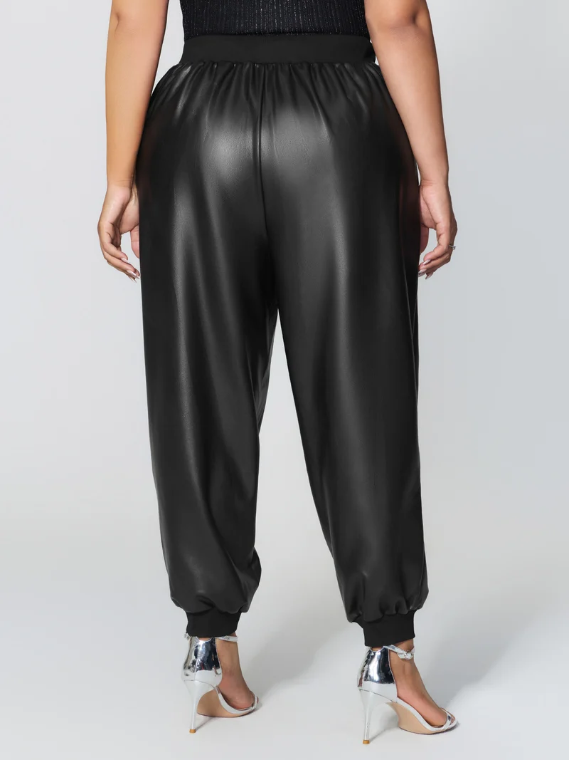 Ribbed Trim Spliced Leather Drawstring Pants