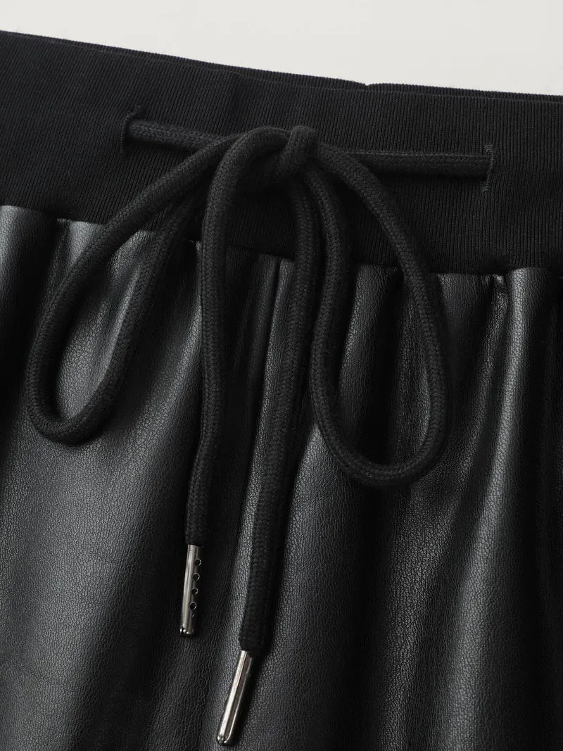 Ribbed Trim Spliced Leather Drawstring Pants